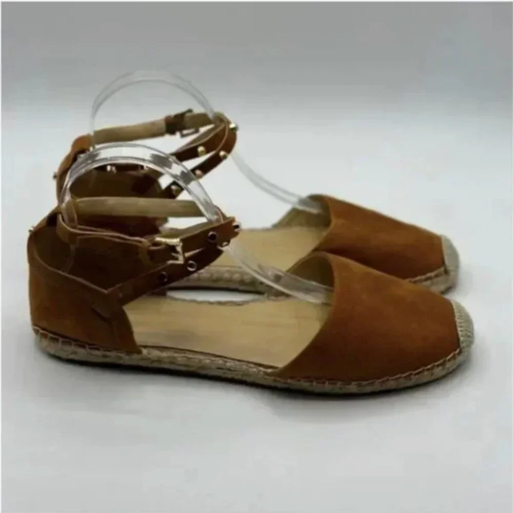 Marc Fisher Maci Stud Ballerina Espadrilles Ankle Strap Flats Brown Suede 9.5